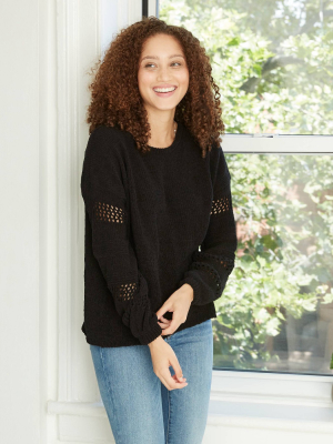 Women's Crewneck Chenille Pullover Sweater With Pointelle Sleeves - Knox Rose™