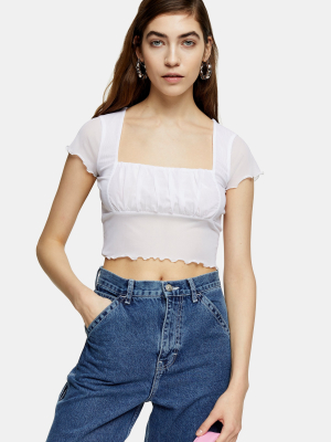 White Ruched Mesh Top