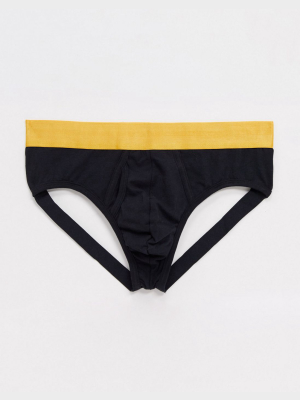 Asos Design Brief Jock In Black With Deep Gold Waistband