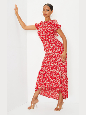 Red Floral Short Puff Sleeve Frill Hem Midi Dress