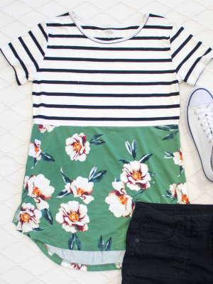 Floral And Stripe Tee - Green