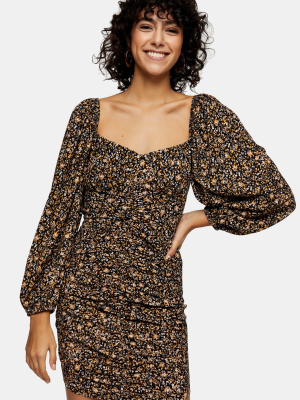 Brown Print Ruched Tea Mini Dress