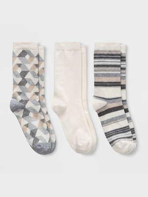 Women's Geometric 3pk Crew Socks - A New Day™ Cream 4-10