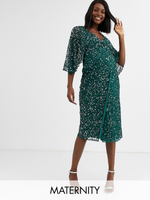 Maya Maternity Bridesmaid Delicate Sequin Wrap Midi Dress In Green