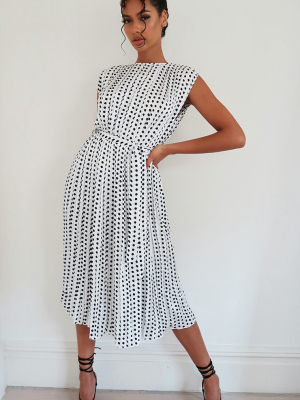 White Polka Dot Pleated Sleeveless Midi Dress