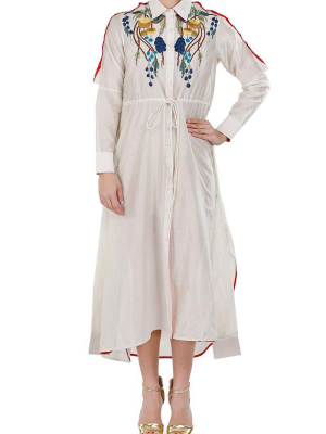 Tie-up Embroidered Full-sleeves Shirt Dress