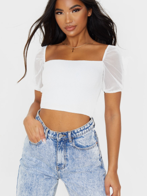 White Crinkle Mesh Puff Sleeve Crop Top