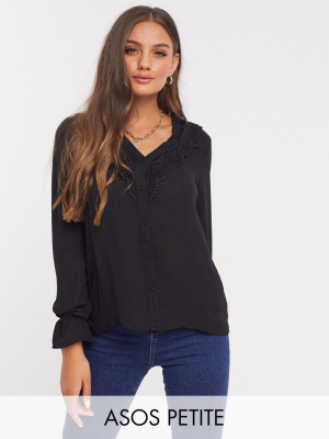 Vero Moda Petite Shirt With Lace Plunge Front In Black