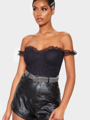 Black Dobby Mesh Bardot Bodysuit