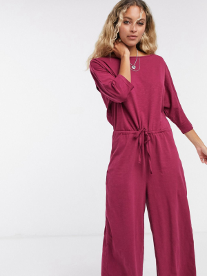 Asos Design Lounge Jersey Slub Tie Waist Casual Jumpsuit In Oxblood