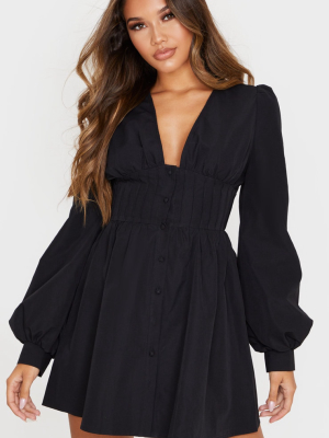 Black Button Front Fitted Puff Sleeve Skater Dress