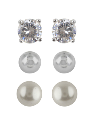 Sterling Silver Cubic Zirconia Stud Earring Set 3pc - Silver/pearl