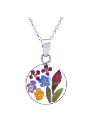 Women's Sterling Silver Pressed Flowers Circle Pendant (18")