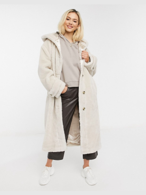 Asos Design Hooded Teddy Maxi Coat In Cream