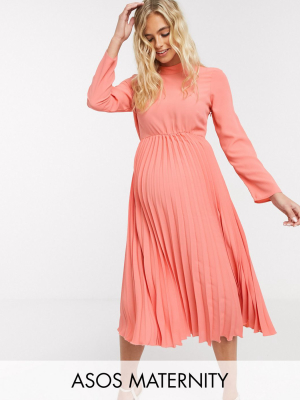 Asos Design Maternity Pleated High Neck Midi Dress In Coral