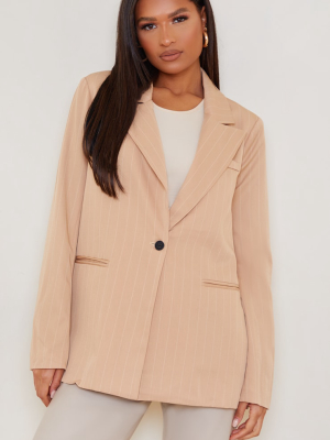 Camel Woven Pinstripe Boxy Blazer