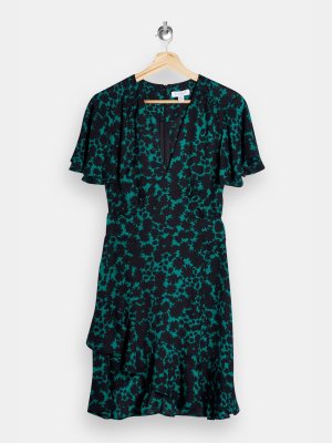 Green Splodge Print V Neck Tea Mini Dress