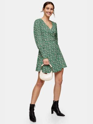 Tall Green Floral Wrap Jersey Mini Dress