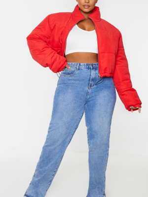 Plus Red Super Cropped Peach Skin Puffer