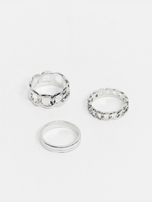 Designb Ring Pack In Silver With Chain Design And Rhinestone Detail