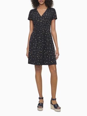 Dot Print V-neck Ruched Fit + Flare Dress