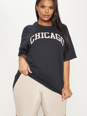 Plus Black Chicago Oversized Slogan T Shirt