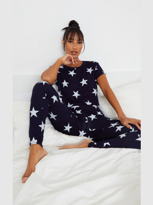 Navy With White Stars Printed Long Legging Pj Set