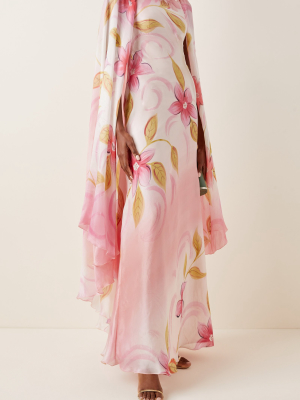 Appliquéd Cape-effect Hand-painted Silk Gown