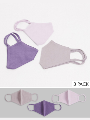 Asos Design 3 Pack Organic Cotton Triple Layer Jersey Face Covering In Lilac Tones