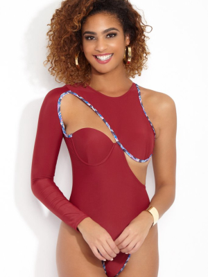 Lexy Cut Out Long Sleeve One Piece Swimsuit - Maroon Red