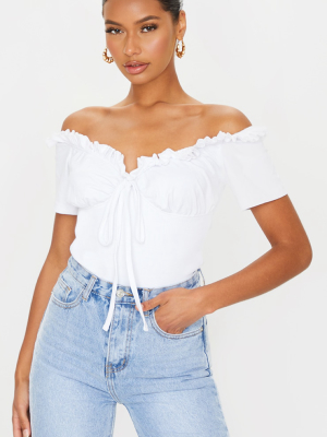 White Rib Ruched Cup Frill Bardot Bodysuit