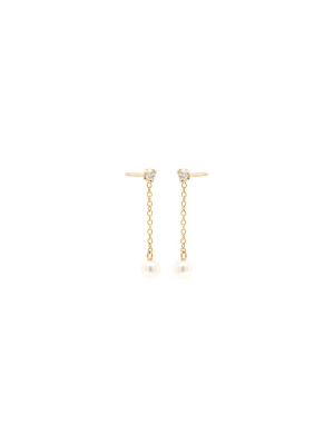 14k Prong Studs With Short Chain Drop & Tiny Pearl Dangle