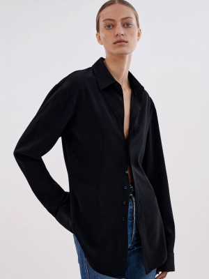 Classic Button Front Blouse In Stretch Crepe - Black