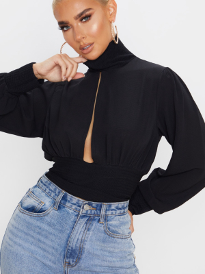 Black Crepe Rib Waist And Cuff Blouse