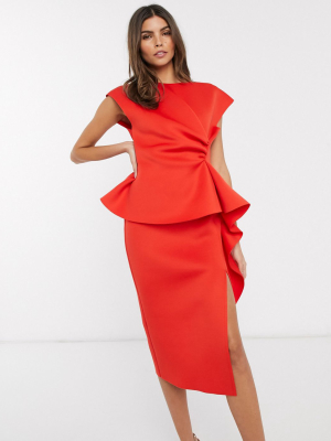 Asos Design Peplum Pencil Midi Dress With Tuck Detail In Red