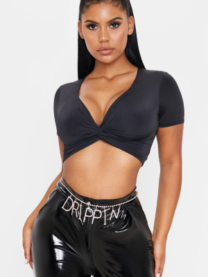 Black Slinky Twist Front Crop Top