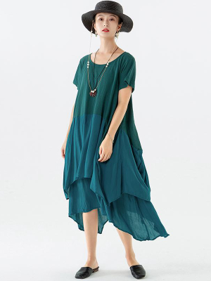 Cotton Linen Women Color Contrast Pocket Pleated Midi Dress