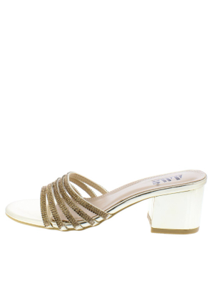 Emily3 Gold Sparkle Strappy Open Toe Slide Block Heel