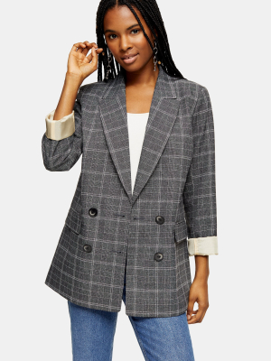 Gray Windowpane Check Double Breasted Blazer