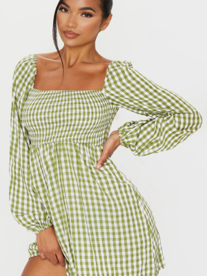 Green Gingham Shirred Smock Dress