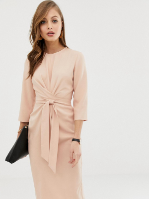 Asos Design Tie Wrap Around Midi Dress In Nude