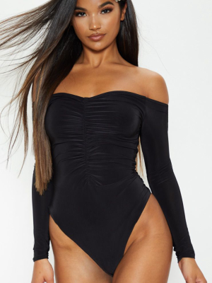 Mella Black Bardot Ruched Slinky Thong Bodysuit