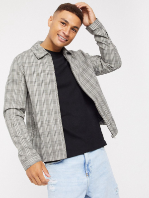 Asos Design Harrington Zip Through Jacket In Gray And Black Check