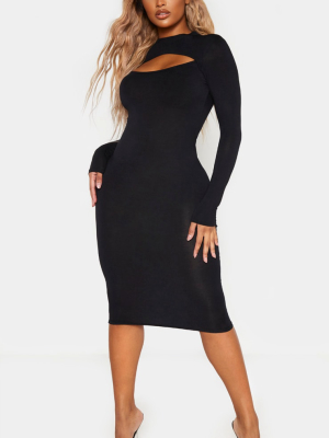 Shape Black Jersey Cut Out Long Sleeve Midi Dress