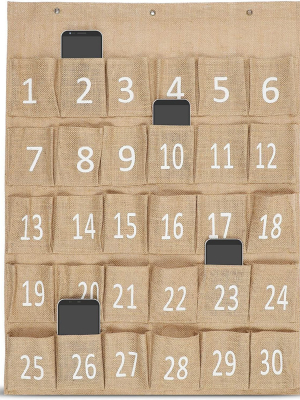 30 Numbered Pocket Chart For Cellphone & Calculator, Hanging On Wall Door Classroom, Made Of Durable Jute