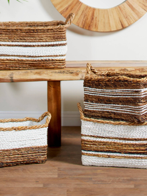 Olivia & May 20"x17"x15"x12" Set Of 4 Rectangular Banana Leaf Wicker Baskets White