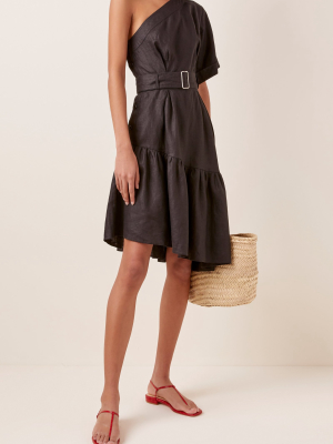 One Shoulder Linen Paper Bag Dress