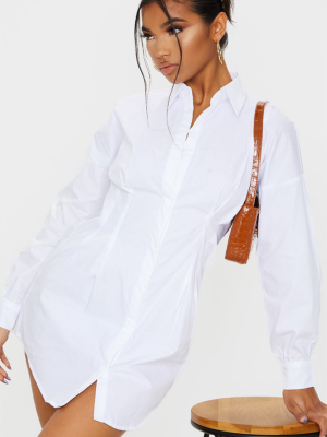 White Fitted Waist Long Sleeve Shirt Dress