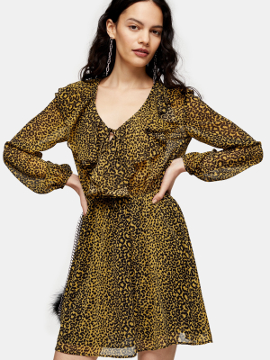 Mustard Animal Print Ruffle Mini Dress