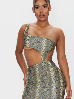 Brown Snake Print One Shoulder Cut Out Bodycon...